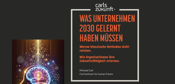 Cover des Whitepapers "Was Unternehmen bis 2030 gelernt haben müssen". Neben dem Titel ein stilisiertes Bild eines menschlichen Gehirns