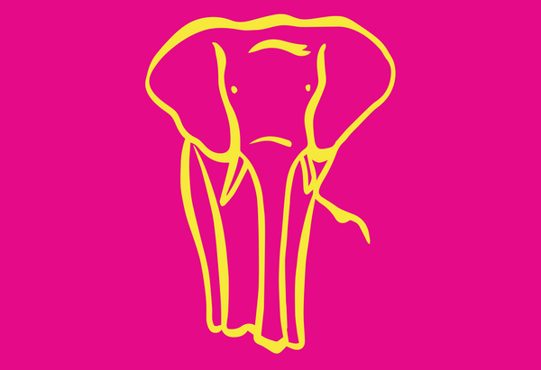 Zeichnung eines gelben Elefanten vor einem Hintergrund in Magenta